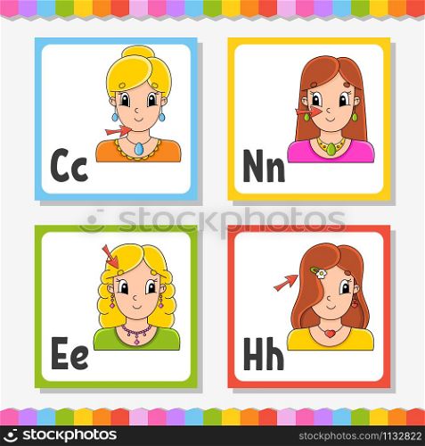 English alphabet. Letter C, N, E, H. ABC square flash cards. Cartoon character isolated on white background. For kids education. Developing worksheet. Learning letters. Color vector illustration.
