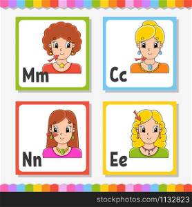 English alphabet. Letter M, C, N, E. ABC square flash cards. Cartoon character isolated on white background. For kids education. Developing worksheet. Learning letters. Color vector illustration.