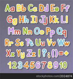 English alphabet. Vector set. Bright color style. Cartoon ABC. Funny hand drawn font. Numbers, lowercase and uppercase letters.