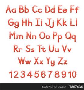 English alphabet. Vector set. Bright red color style. For Halloween. Hand drawn font. Numbers, lowercase and uppercase letters.