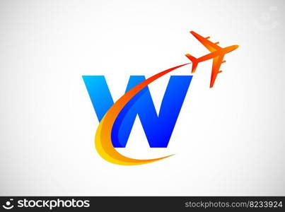 English alphabet with a swoosh and airplane logo design. Suitable for travel companies or business