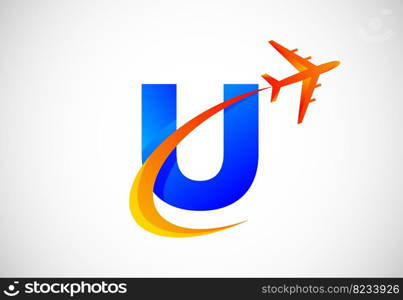 English alphabet with a swoosh and airplane logo design. Suitable for travel companies or business