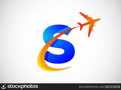 English alphabet with a swoosh and airplane logo design. Suitable for travel companies or business