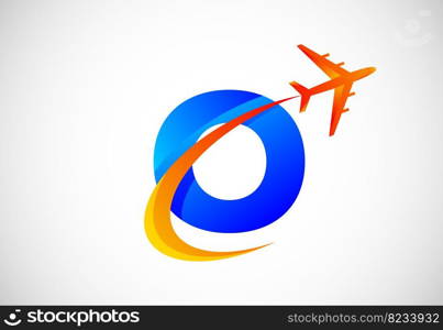 English alphabet with a swoosh and airplane logo design. Suitable for travel companies or business