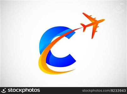 English alphabet with a swoosh and airplane logo design. Suitable for travel companies or business