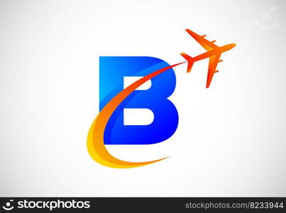 English alphabet with a swoosh and airplane logo design. Suitable for travel companies or business