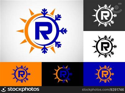 English alphabet with abstract sun and snow. Air conditioner logo sign symbol. Hot and cold symbol.