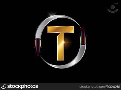 English alphabet with electric wire, optical fiber cable. Font emblem.