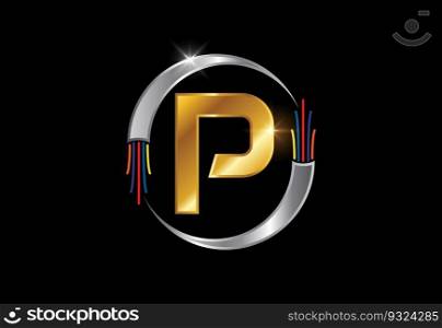 English alphabet with electric wire, optical fiber cable. Font emblem.