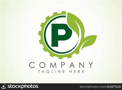 English alphabet with gear and leaf. Eco technology logo, Green eco tech logo template design vector. Nature Industry