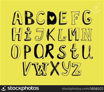 English alphabet with letters different inscriptions for kids education