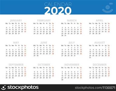 English Calendar 2020 blue banner. Horizontal calendar for print