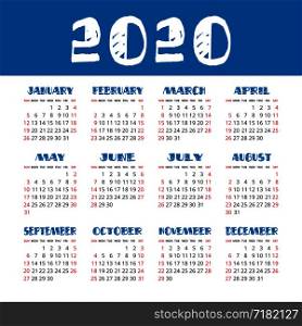 English calendar 2020 year. Vector square calender design template. Week starts on Sunday