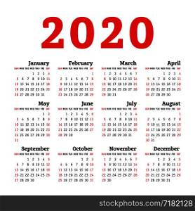 English calendar 2020 year. Vector square calender design template. Week starts on Sunday