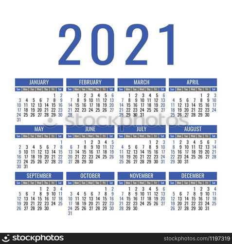 English calendar 2021. Square vector calender design template. Week starts on Sunday. New year