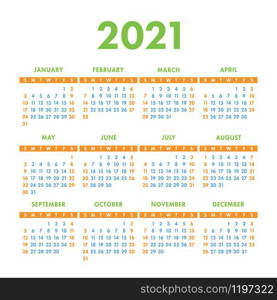 English calendar 2021. Square vector calender design template. Week starts on Sunday. New year