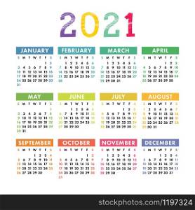 English calendar 2021. Square vector calender design template. Week starts on Sunday. New year