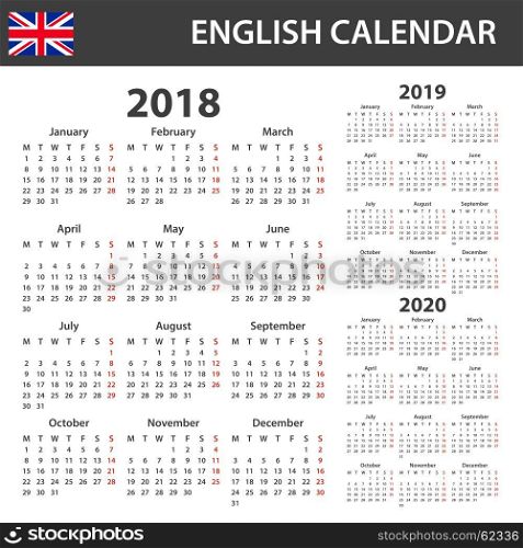 English Calendar for 2018, 2019 and 2020. Scheduler, agenda or diary template. Week starts on Monday
