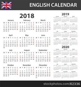 English Calendar for 2018, 2019 and 2020. Scheduler, agenda or diary template. Week starts on Monday