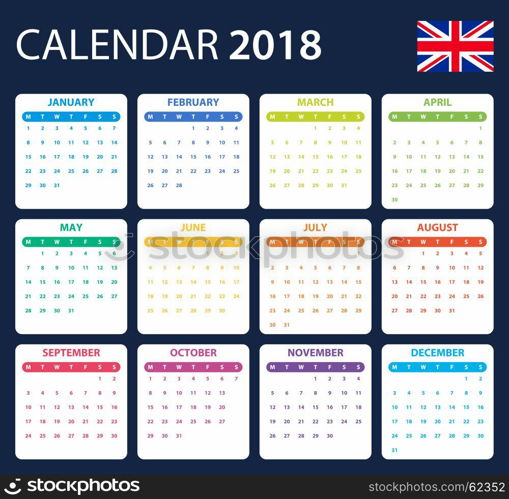 English Calendar for 2018. Scheduler, agenda or diary template. Week starts on Monday