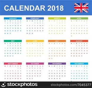 English Calendar for 2018. Scheduler, agenda or diary template. Week starts on Monday