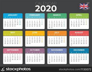 English Chinese calendar 2020 English flag. Horizontal calendar