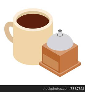 English coffee icon isometric vector. Cup of coffe and manual coffee grinder. Invigorating drink, tradition, culture. English coffee icon isometric vector. Cup of coffe and manual coffee grinder