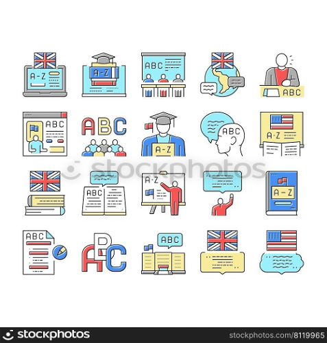 English Language Learn At School Icons Set Vector. British And American English Student Learning In College, University Or Online Course Line. Dictionary And Alphabet Abc Color Illustrations. English Language Learn At School Icons Set Vector