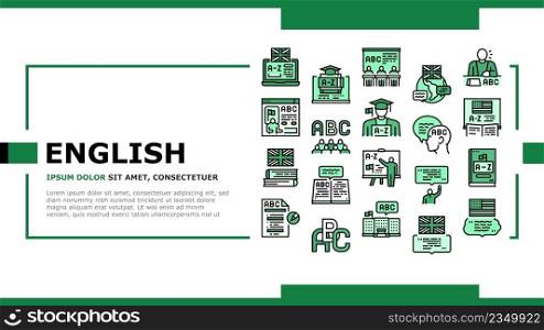 English Language Learn At School Landing Web Page Header Banner Template Vector. British American English Student Learning In College, University Online Course. Dictionary Alphabet Abc Illustration. English Language Learn At School Landing Header Vector