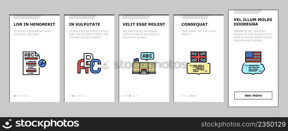 English Language Learn At School Onboarding Mobile App Page Screen Vector. British American English Student Learning In College, University Or Online Course . Dictionary And Alphabet Abc Illustrations. English Language Learn At School Onboarding Icons Set Vector