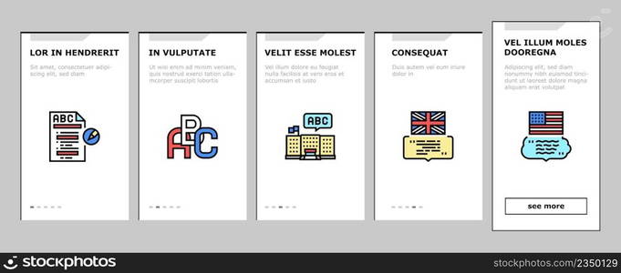 English Language Learn At School Onboarding Mobile App Page Screen Vector. British American English Student Learning In College, University Or Online Course . Dictionary And Alphabet Abc Illustrations. English Language Learn At School Onboarding Icons Set Vector