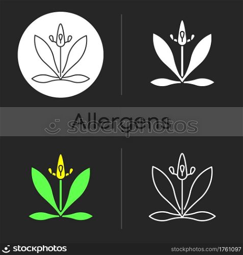English plantain dark theme icon. Plantago lanceolata. Flower pollen as allergen. Seasonal allergy for plant. Linear white, simple glyph and RGB color styles. Isolated vector illustrations. English plantain dark theme icon
