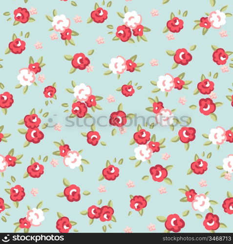 English Rose, Seamless wallpaper pattern with pink roses on blue background, vector illustration