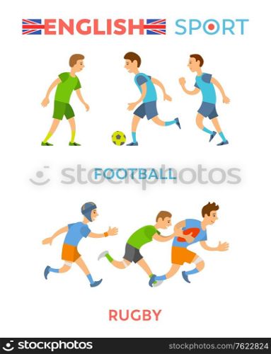 English sport vector, boys wearing special suits and costumes running and leading active lifestyle, football and rugby players, healthy youth flat style. English Sport, Football and Rugby Players Vector