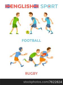 English sport vector, boys wearing special suits and costumes running and leading active lifestyle, football and rugby players, healthy youth flat style. English Sport, Football and Rugby Players Vector