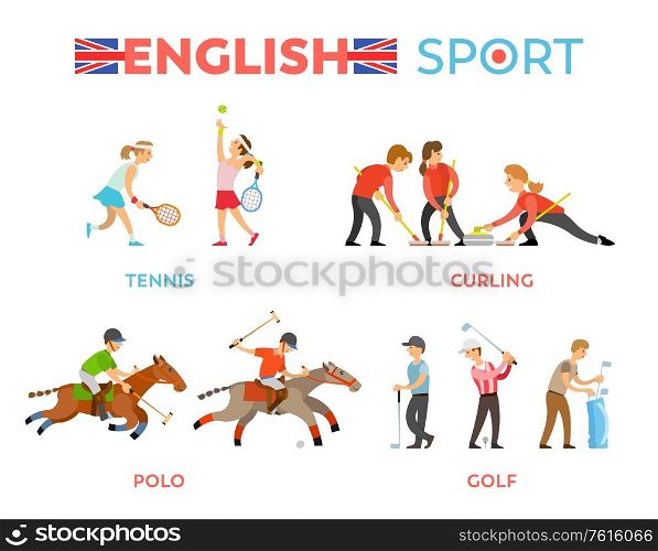 English sport vector, tennis and polo, golf and curling competition among people flat style. Boys and girl leading active lifestyle, animal horses. English Sport People Running and Playing Games