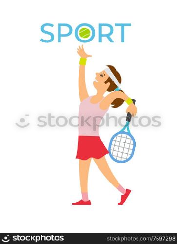 English sport vector, woman playing tennis flat style. Person wearing uniform and hat holding racket and hitting ball, sport and active leisure hobby. English Sport, Tennis Player Hitting Ball Racket