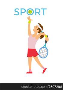 English sport vector, woman playing tennis flat style. Person wearing uniform and hat holding racket and hitting ball, sport and active leisure hobby. English Sport, Tennis Player Hitting Ball Racket