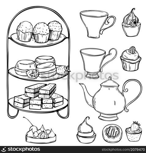 English tea set. Teapot, cups and cakes. Vector sketch illustration.