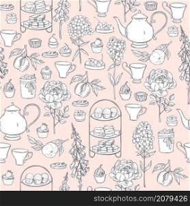 English tea . Teapot, cups, cakes and garden flowers. Vector seamless pattern