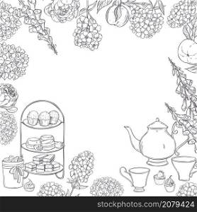 English tea vector background. Teapot, cups, cakes and garden flowers. Sketch illustration.