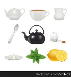 English traditional tea time porcelain cup pot icons set with mint flavor teabag realistic isolated vector illustration. Tea set icons collection