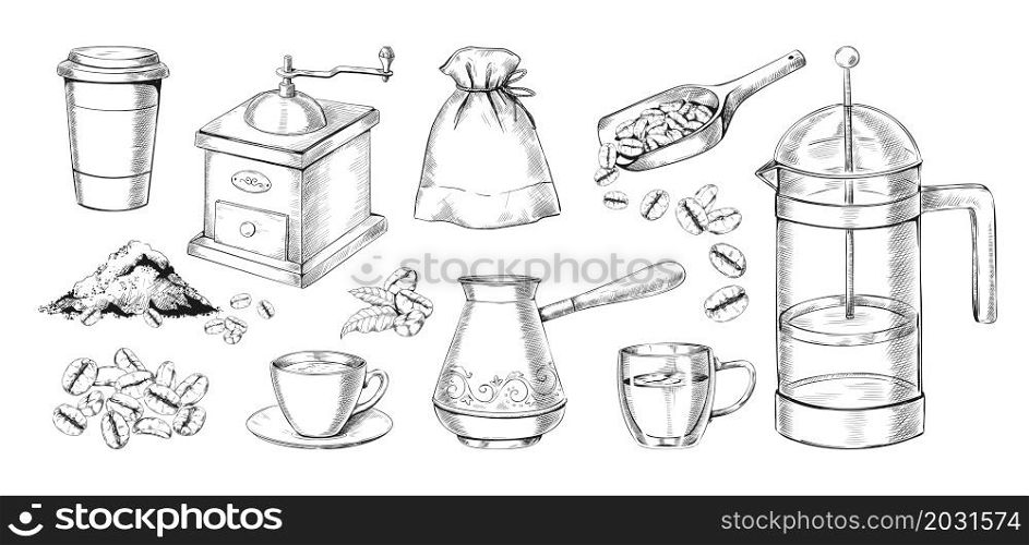 Engraved coffee making. Hand drawn morning drink preparation process with Arabica beans. Isolated grinder and cezve. French press and cup. Hot beverage brewing tools. Vector vintage cafe sketches set. Engraved coffee making. Hand drawn drink preparation process with Arabica beans. Isolated grinder and cezve. French press and cup. Beverage brewing tools. Vector vintage cafe sketches set