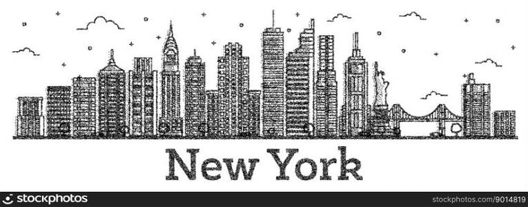Engraved New York USA City Skyline with Modern Buildings Isolated on White. Vector Illustration. New York Cityscape with Landmarks.