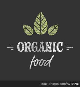 Engraved organic food icon with branches and leafs. Organic food icon