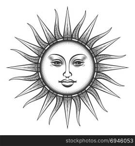 Engraved sun antique face symbol. Engraved sun. Antique sun face scratching etching pagan universe symbol vector illustration