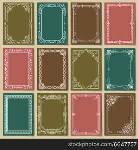 Engraving baroque style vintage frames set vector illustration collection of retro borders isolated on color backgrounds. Foliate frames in flat style. Engraving Baroque Style Vintage Frames Set Vector