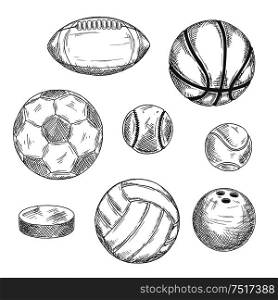 Engraving sketch drawings of sporting balls and ice hockey puck for sports competition or leisure activity design with football and soccer, basketball and baseball, rugby and volleyball, tennis and bowling balls. Sketches of sporting balls and ice hockey puck