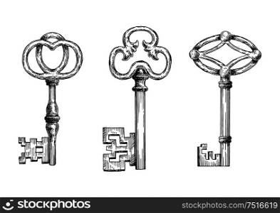 Engraving sketches of medieval keys for security theme, tattoo or victorian stylized embellishment design. Engraving sketches of medieval keys