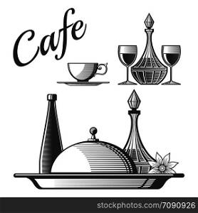 Engraving style cafe, restaurant elements - vector cup, wine glasses, dishes illustration. Restaurant elements - vector cup, wine glasses, dishes